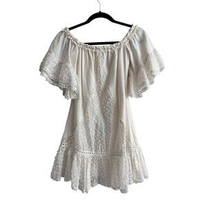 Alexis Brandi Dress White Lace Off Shoulder Mini Ruffle Swiss Dot Bridal Sz XS